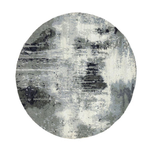 4'3"x4'3" Charcoal Black Hand Knotted Abstract Design Wool and Silk Oriental Round Rug FWR372210