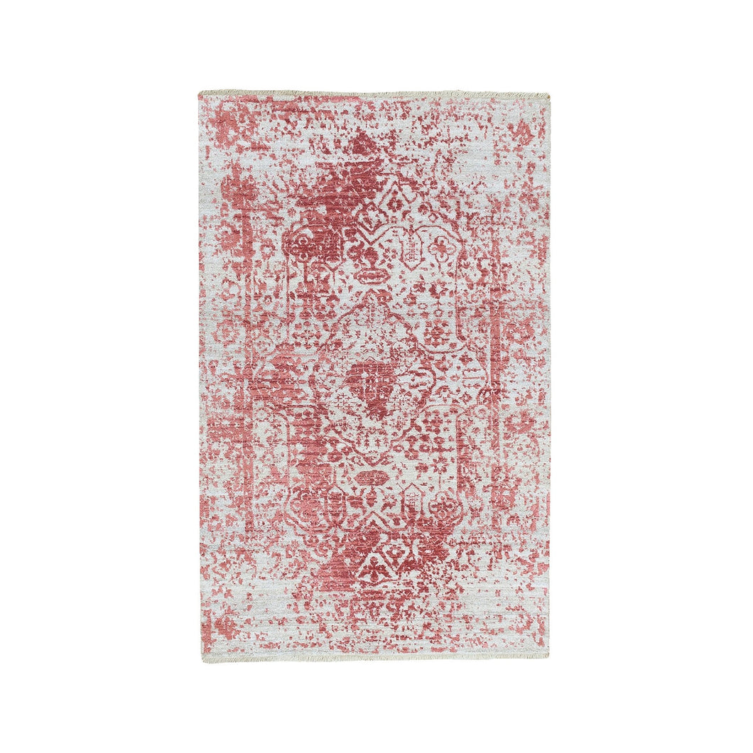 3'x5' Wool And Pure Silk Pink Broken Persian Design Hand Knotted Oriental Rug FWR372258
