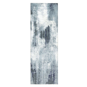 2'7"x7'10" Gray-Ivory Hand Knotted Abstract Design Wool and Silk Oriental Runner Rug FWR372282