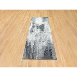 2'7"x7'10" Gray-Ivory Hand Knotted Abstract Design Wool and Silk Oriental Runner Rug FWR372282