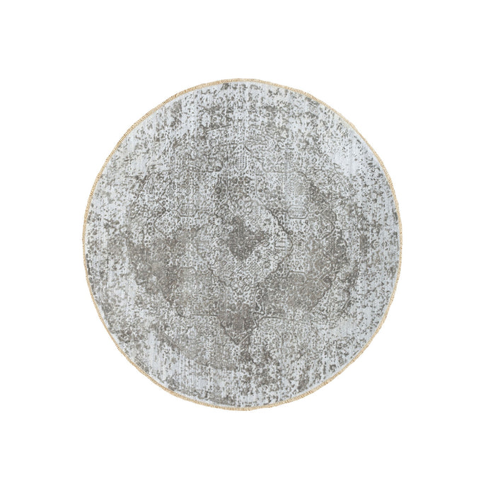 6'x6' Round Grey Broken Persian Design Wool And Pure Silk Hand Knotted Oriental Rug FWR372324