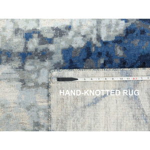 9'1"x12' Denim Blue 100% Textured Wool with Areas of Distressed Pile Modern Design Hand Knotted Oriental Rug FWR372402