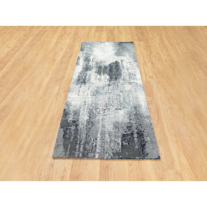 2'5"x8' Charcoal Black Abstract Design Wool and Silk Hand Knotted Oriental Runner Rug FWR372420