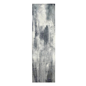 2'6"x10' Charcoal Black Abstract Design Wool and Silk Hand Knotted Runner Oriental Rug FWR372426