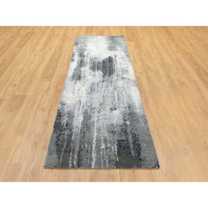 2'6"x10' Charcoal Black Abstract Design Wool and Silk Hand Knotted Runner Oriental Rug FWR372426