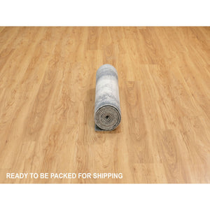 2'6"x10' Charcoal Black Abstract Design Wool and Silk Hand Knotted Runner Oriental Rug FWR372426