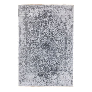 6'1"x9'2" Grey Broken Persian Design Wool And Pure Silk Hand Knotted Oriental Rug FWR372564