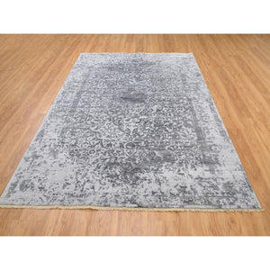 6'1"x9'2" Grey Broken Persian Design Wool And Pure Silk Hand Knotted Oriental Rug FWR372564