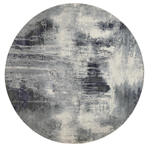 12'x12' Charcoal Black with Gray Abstract Design Wool and Silk Hand Knotted Oriental Round Rug FWR372600