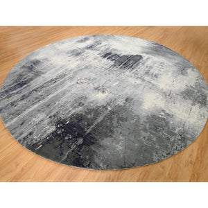 12'x12' Charcoal Black with Gray Abstract Design Wool and Silk Hand Knotted Oriental Round Rug FWR372600