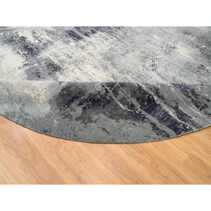 12'x12' Charcoal Black with Gray Abstract Design Wool and Silk Hand Knotted Oriental Round Rug FWR372600