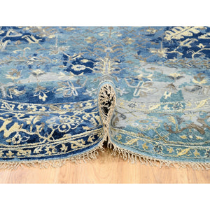 9'10"x9'10" Navy Blue Broken Persian Heriz Erased Design Wool and Silk Hand Knotted Oriental Round Rug FWR372804