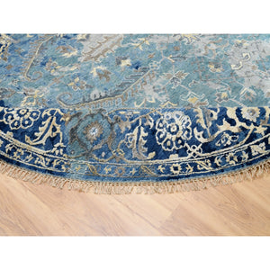 9'10"x9'10" Navy Blue Broken Persian Heriz Erased Design Wool and Silk Hand Knotted Oriental Round Rug FWR372804
