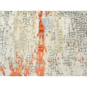 4'1"x12' Wool and Silk Abstract with Fire Mosaic Hand Knotted Runner Persian Knot Oriental Rug FWR372948