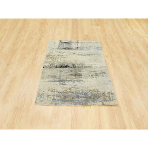 3'x5' Ivory Abstract Design Wool And Silk Hand Knotted Oriental Rug FWR373002