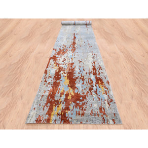 2'7"x20' Gray Wool and Silk Abstract with Fire Mosaic Design Hand Knotted XL Runner Persian Knot Oriental Rug FWR373032