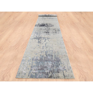 2'7"x17'8" Gray Wool and Silk Modern Abstract Design Hand Knotted XL Runner Oriental Rug FWR373062