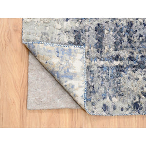 2'5"x10' Blue Abstract With Mosaic Design Wool And Silk Hand Knotted Oriental Runner Rug FWR373572