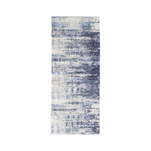 2'5"x6'1" Blue Abstract With Mosaic Design Wool And Silk Hand Knotted Oriental Runner Rug FWR373578