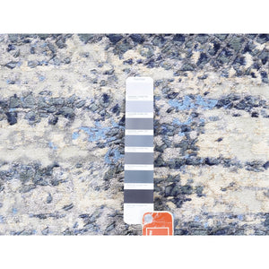 2'5"x6'1" Blue Abstract With Mosaic Design Wool And Silk Hand Knotted Oriental Runner Rug FWR373578