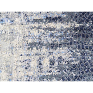 2'5"x6'1" Blue Abstract With Mosaic Design Wool And Silk Hand Knotted Oriental Runner Rug FWR373578