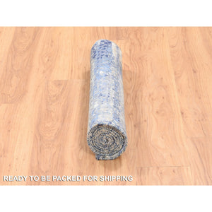 2'5"x6'1" Blue Abstract With Mosaic Design Wool And Silk Hand Knotted Oriental Runner Rug FWR373578