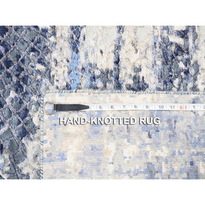 2'5"x6'1" Blue Abstract With Mosaic Design Wool And Silk Hand Knotted Oriental Runner Rug FWR373578