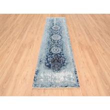 Load image into Gallery viewer, 2&#39;8&quot;x9&#39;10&quot; Blue Erased Design Wool and Silk Broken Persian Tabriz Hand Knotted Oriental Runner Rug FWR373614