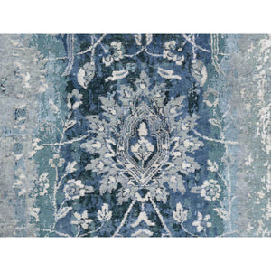 2'8"x9'10" Blue Erased Design Wool and Silk Broken Persian Tabriz Hand Knotted Oriental Runner Rug FWR373614