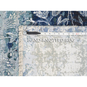2'8"x9'10" Blue Erased Design Wool and Silk Broken Persian Tabriz Hand Knotted Oriental Runner Rug FWR373614
