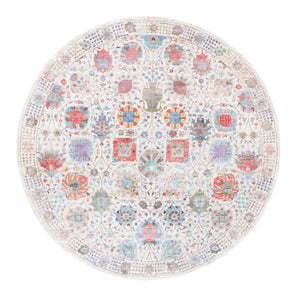 12'2"x12'2" Colorful Silk With Textured Wool Tabriz Vase And Flower Design Hand Knotted Oriental Round Rug FWR373644