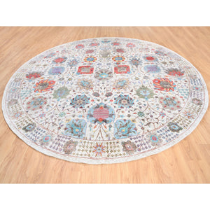 12'2"x12'2" Colorful Silk With Textured Wool Tabriz Vase And Flower Design Hand Knotted Oriental Round Rug FWR373644