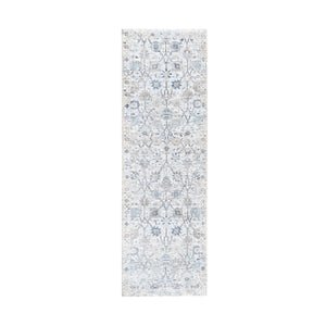 2'6"x8'2" Hand Knotted Ivory Silk With Textured Wool Tabriz Vase And Pomegranate Design Oriental Runner Rug FWR373734
