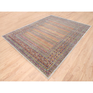 7'9"x10' Colorful Wool And Sari Silk Sarouk Mir Inspired With Repetitive Boteh Design Hand Knotted Oriental Rug FWR373818