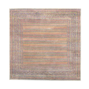 14'x14' Colorful Wool And Sari Silk Sarouk Mir Inspired With Multiple Borders Hand Knotted Oriental Square Rug FWR373830