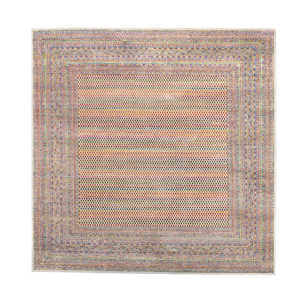 14'x14' Colorful Wool And Sari Silk Sarouk Mir Inspired With Multiple Borders Hand Knotted Oriental Square Rug FWR373830