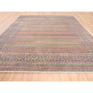 14'x14' Colorful Wool And Sari Silk Sarouk Mir Inspired With Multiple Borders Hand Knotted Oriental Square Rug FWR373830