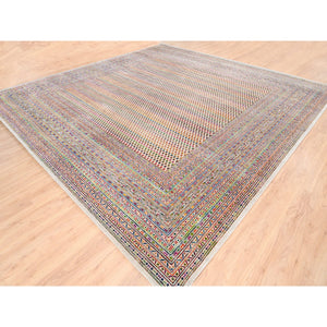 14'x14' Colorful Wool And Sari Silk Sarouk Mir Inspired With Multiple Borders Hand Knotted Oriental Square Rug FWR373830