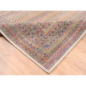 14'x14' Colorful Wool And Sari Silk Sarouk Mir Inspired With Multiple Borders Hand Knotted Oriental Square Rug FWR373830