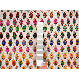 8'10"x12' Wool And Sari Silk Colorful Sarouk Mir Inspired with Repetitive Boteh Design Hand Knotted Oriental Rug FWR373842