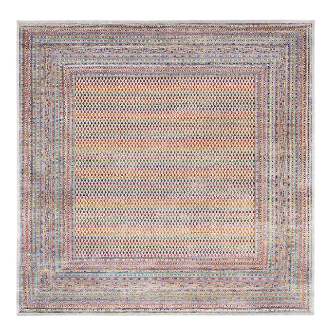 12'x12' Colorful Wool And Sari Silk Sarouk Mir Inspired With Repetitive Boteh Design Hand Knotted Oriental Square Rug FWR373866