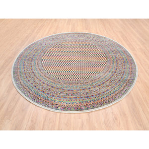 8'10"x8'10" Colorful Wool And Sari Silk Sarouk Mir Inspired With Repetitive Boteh Design Hand Knotted Oriental Round Rug FWR373896