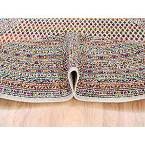 8'10"x8'10" Colorful Wool And Sari Silk Sarouk Mir Inspired With Repetitive Boteh Design Hand Knotted Oriental Round Rug FWR373896