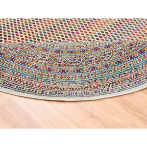 8'10"x8'10" Colorful Wool And Sari Silk Sarouk Mir Inspired With Repetitive Boteh Design Hand Knotted Oriental Round Rug FWR373896