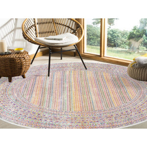 12'x12' Round Colorful Wool And Sari Silk Sarouk Mir Inspired With Multiple Borders Hand Knotted Oriental Rug FWR373926