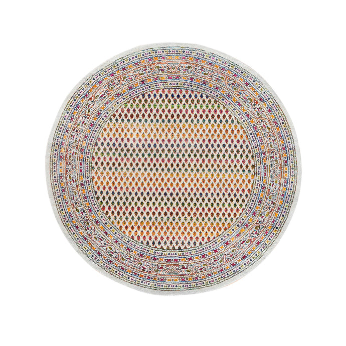 6'x6' Round Colorful Wool And Sari Silk Sarouk Mir Inspired With Small Boteh Design Hand Knotted Oriental Rug FWR373974