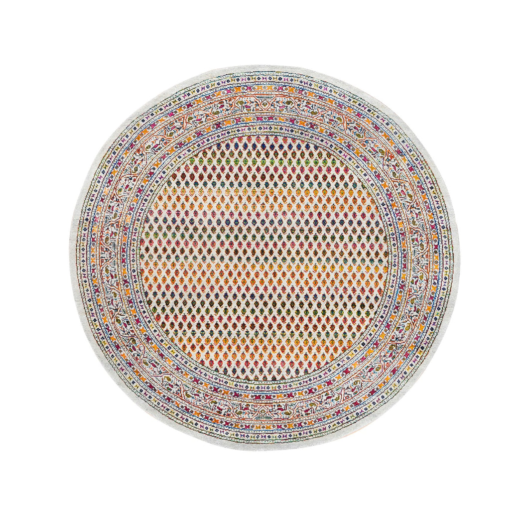 6'x6' Round Colorful Wool And Sari Silk Sarouk Mir Inspired With Small Boteh Design Hand Knotted Oriental Rug FWR373974