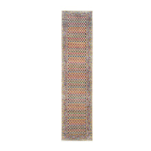 Load image into Gallery viewer, 2&#39;4&quot;x10&#39;2&quot; Colorful Wool And Sari Silk Sarouk Mir Inspired With Multiple Borders Hand Knotted Oriental Runner Rug FWR373980