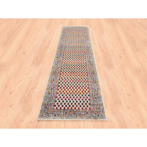 2'4"x10'2" Colorful Wool And Sari Silk Sarouk Mir Inspired With Multiple Borders Hand Knotted Oriental Runner Rug FWR373980