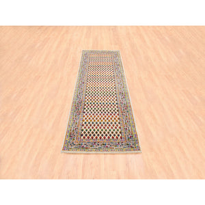 2'7"x8'1" Colorful Wool And Sari Silk Sarouk Mir Inspired With Repetitive Boteh Design Hand Knotted Oriental Runner Rug FWR373986